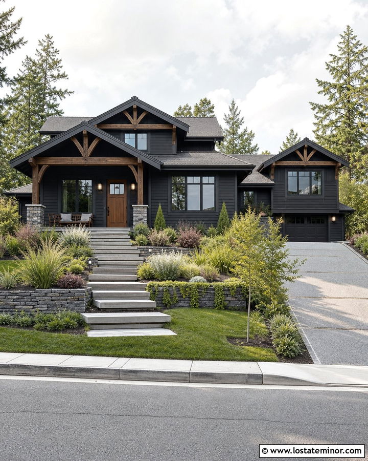 Black House With Raised Stone Walkway - 30 Black House Design With Walkway Ideas