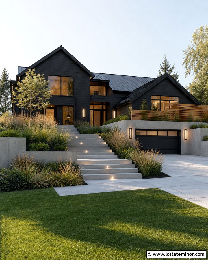 Black House With Recessed Step Lights - 30 Black House Design With Light Fixtures Ideas