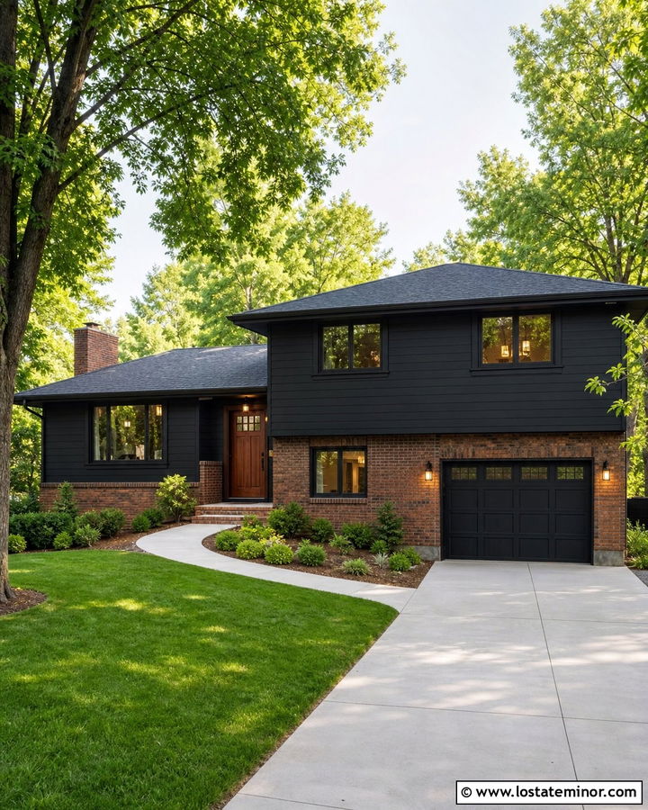 Black House With Red Brick Accents - 30 Black House Design With Accents Ideas