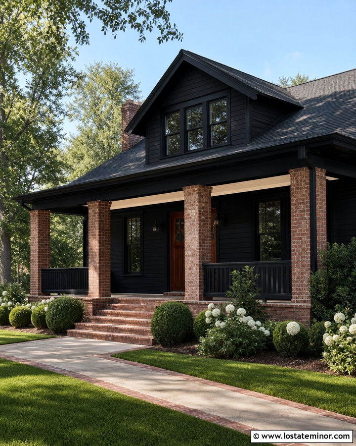 Black House With Red Brick Porch Columns - 30 Black House Design With Porch Columns Ideas