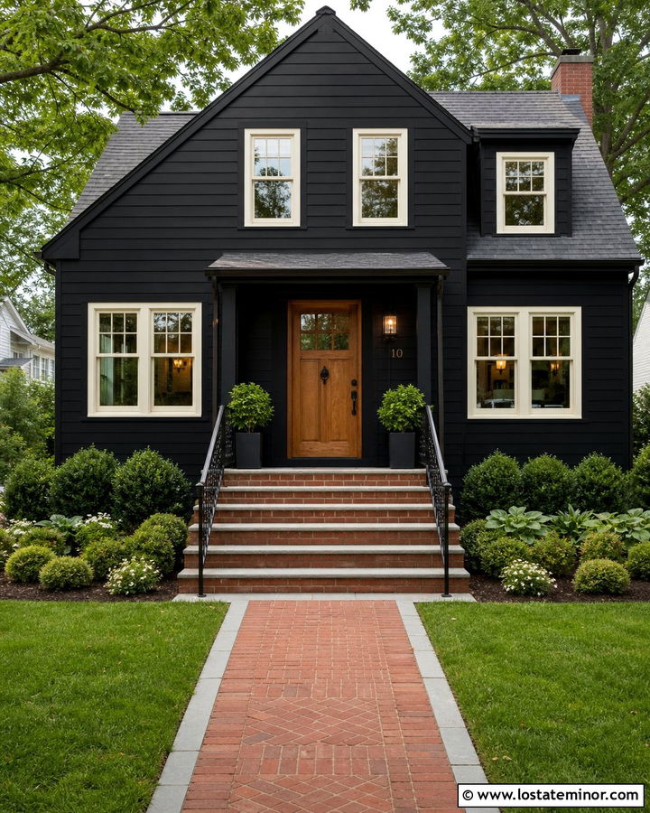 Black House With Red Brick Steps - 30 Black House Design With Steps Ideas