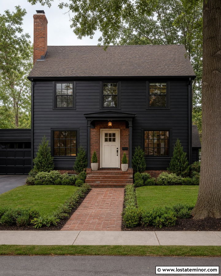 Black House With Red Brick Trim - 30 Black House Design With Trim Ideas