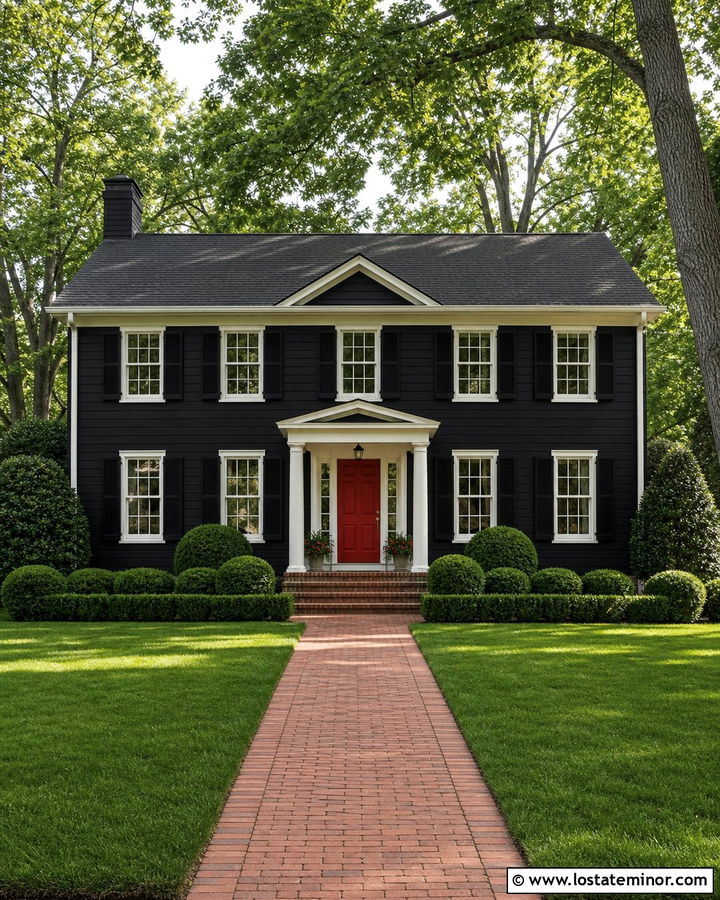 Black House With Red Door Accents - 30 Black House Design With Accents Ideas