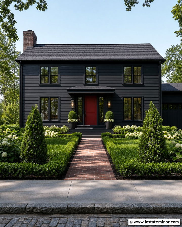Black House With Red Door And Structured Beds - 30 Black House Design With Landscaping Ideas