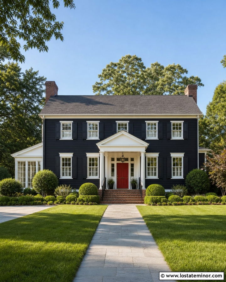 Black House With Red Door Portico - 30 Black House Design With Portico Ideas