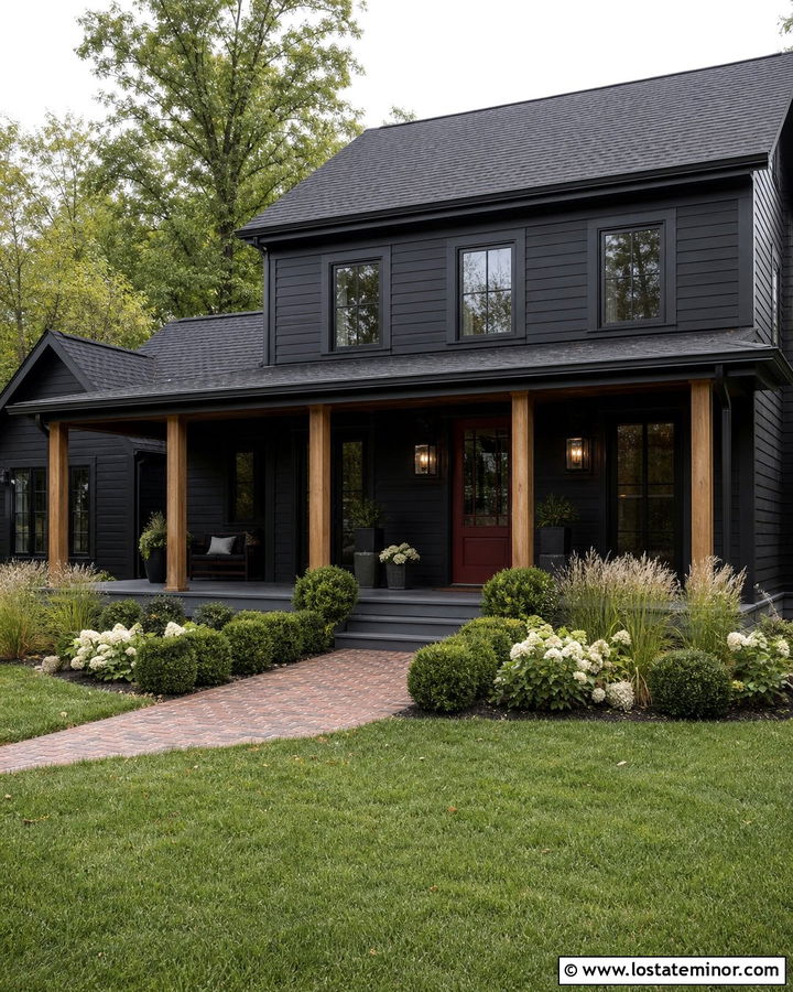 Black House With Red Front Door And Porch - 30 Black House Design With Front Porch Ideas