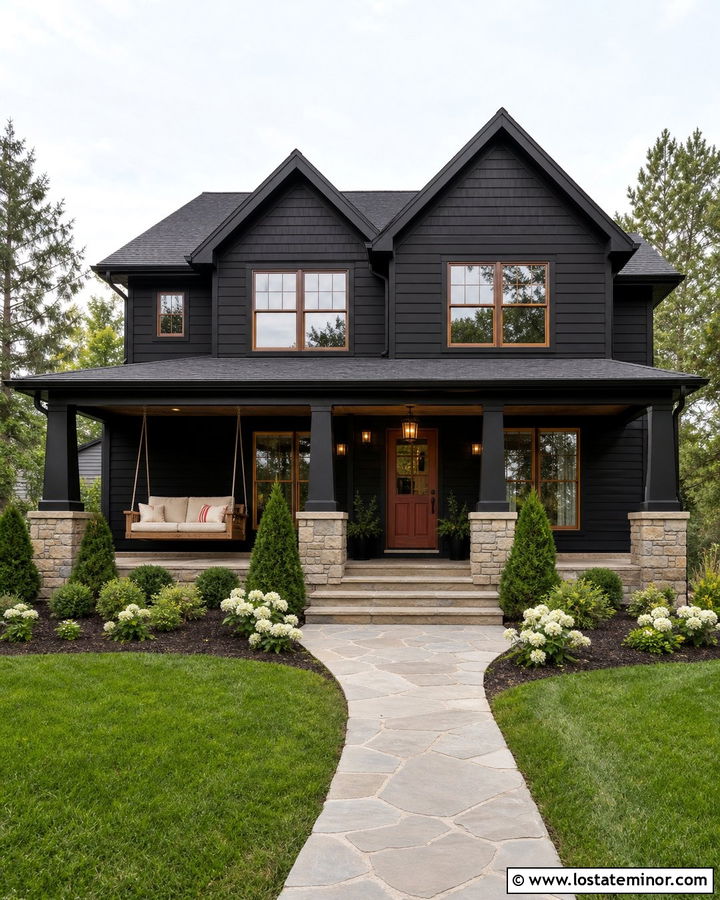 Black House With Red Front Door And Swing - 30 Black House Design With Swing Ideas