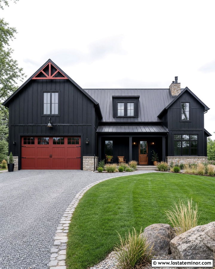 Black House With Red Garage Door - 30 Black House Design With Garage Door Ideas
