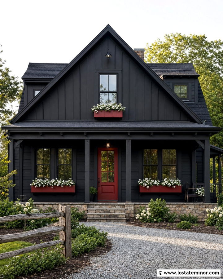 Black House With Red Window Boxes - 30 Black House Design With Window Boxes Ideas