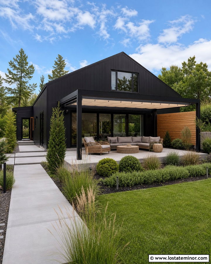 Black House With Retractable Canopy Pergola - 30 Black House Design With Pergola Ideas
