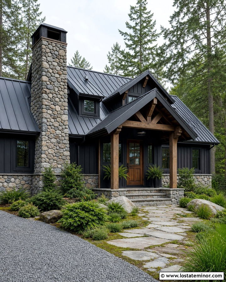 Black House With River Rock Accents - 30 Black House Design With Accents Ideas