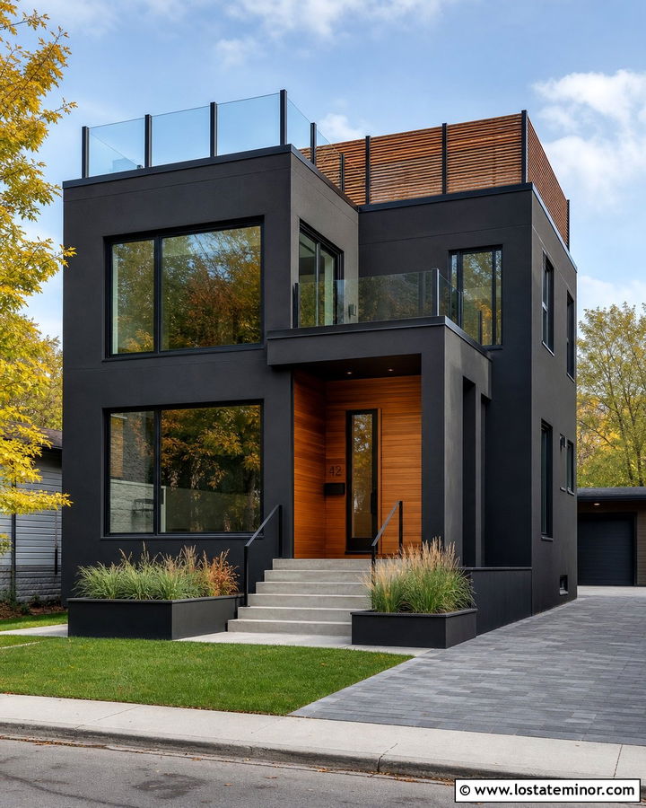 Black House With Rooftop Deck Railings - 30 Black House Design With Railings Ideas