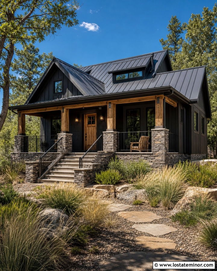 Black House With Rustic Ledgestone Porch - 30 Black House Design With Stone Accents Ideas