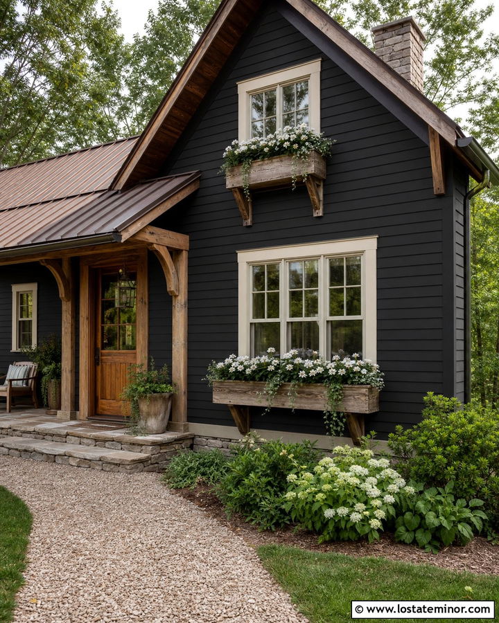 Black House With Rustic Wood Window Boxes - 30 Black House Design With Window Boxes Ideas