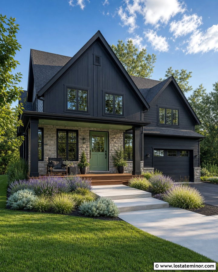 Black House With Sage Green Accents - 30 Black House Design With Accents Ideas
