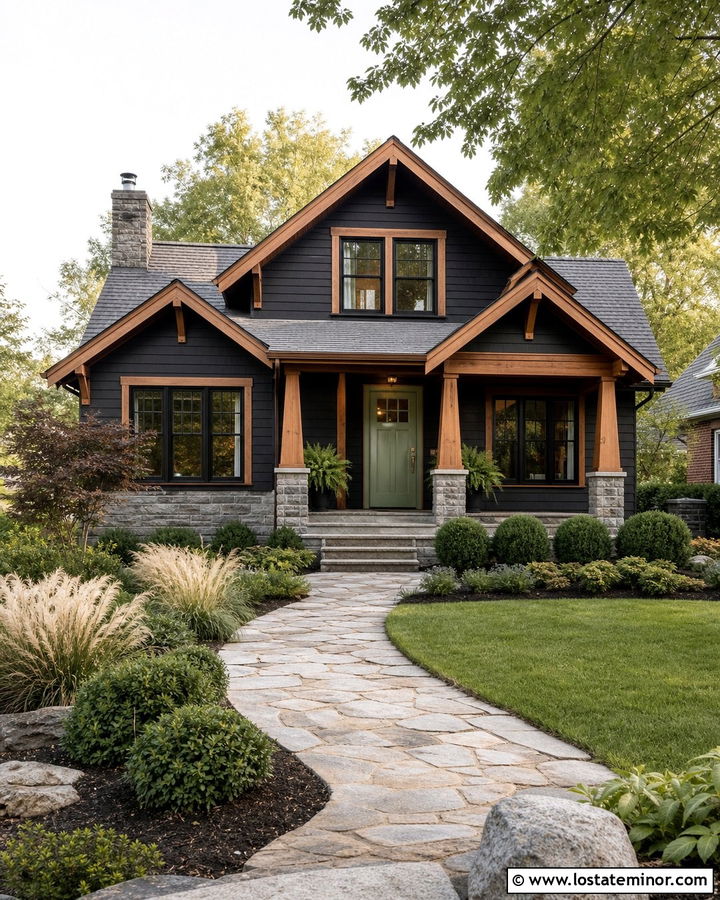 Black House With Sage Green Front Door - 30 Black House Design With Front Door Ideas