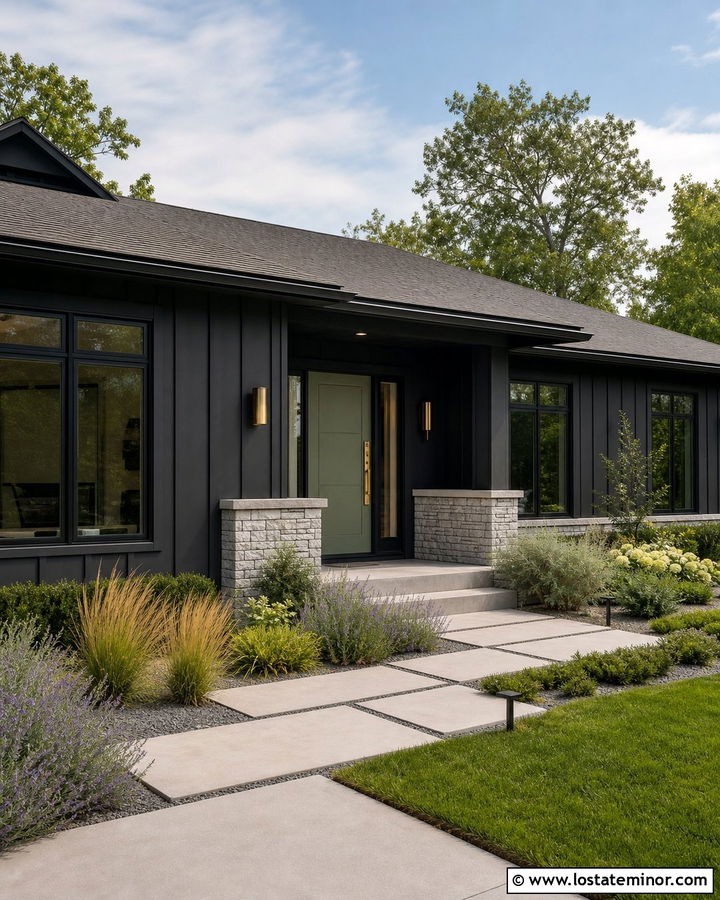 Black House With Sage Green Front Door - 30 Black House Design With Entry Door Ideas