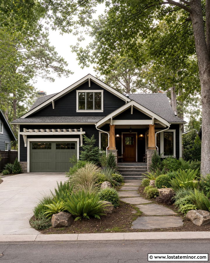 Black House With Sage Green Garage Door - 30 Black House Design With Garage Door Ideas