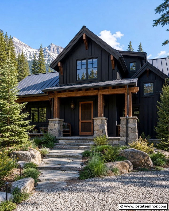 Black House With Screen Door And Stone Porch - 30 Black House Design With Screen Door Ideas