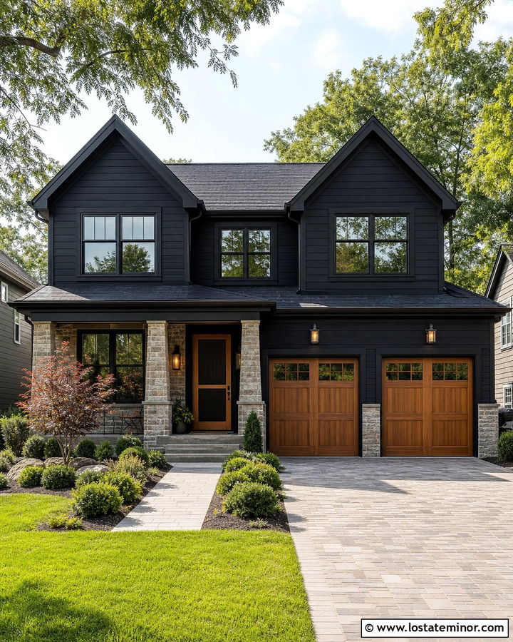 Black House With Screen Door And Wood Garage Doors - 30 Black House Design With Screen Door Ideas