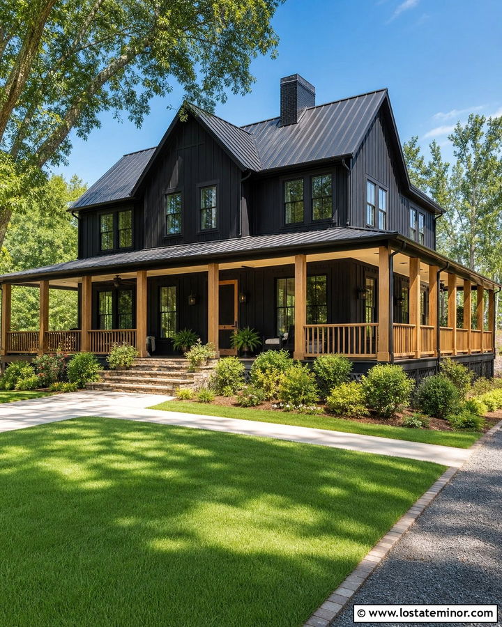 Black House With Screen Door And Wraparound Porch - 30 Black House Design With Screen Door Ideas