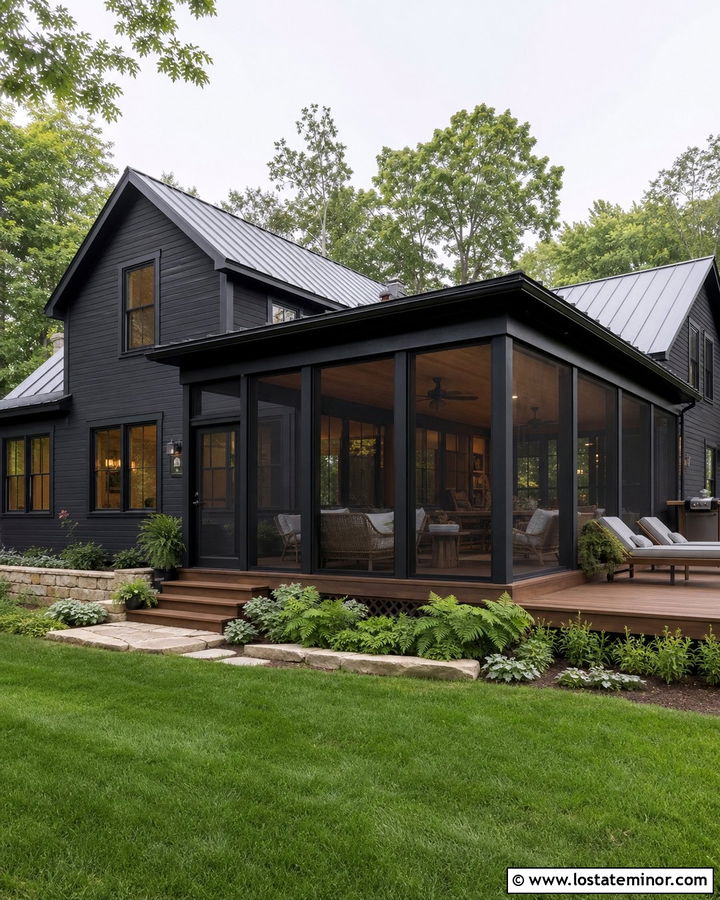 Black House With Screened Deck - 30 Black House Design With Deck Ideas