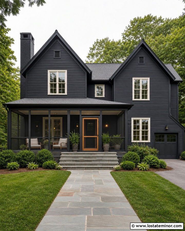 Black House With Screened Front Porch Door - 30 Black House Design With Screen Door Ideas