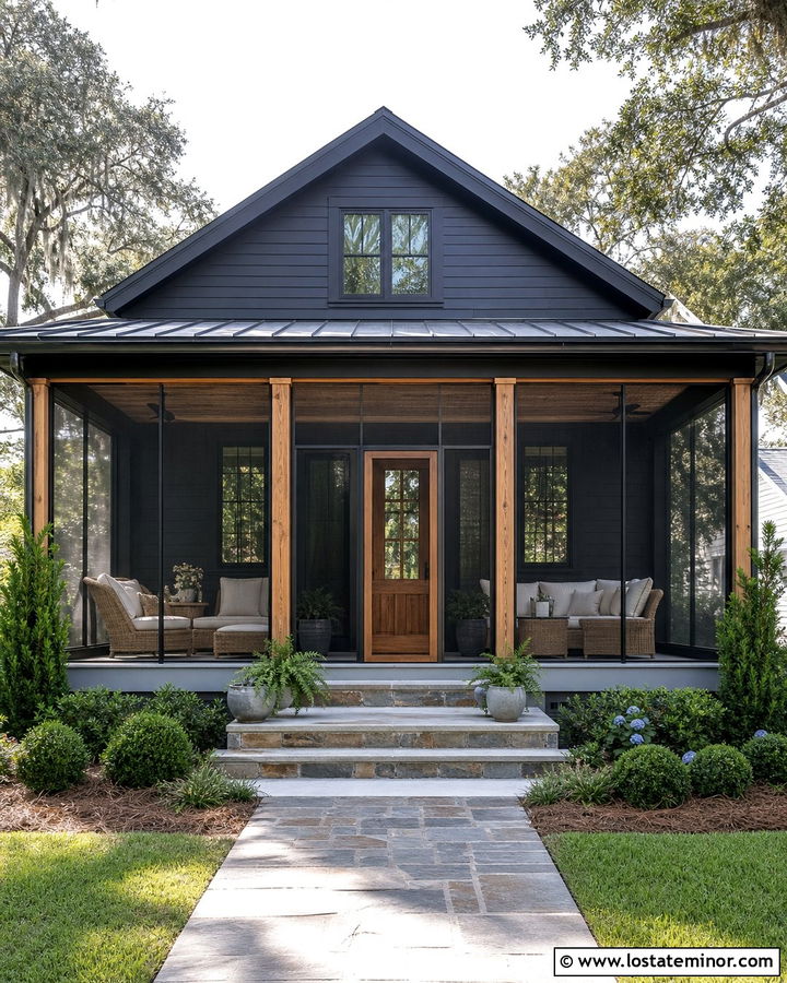Black House With Screened Front Porch - 30 Black House Design With Front Porch Ideas