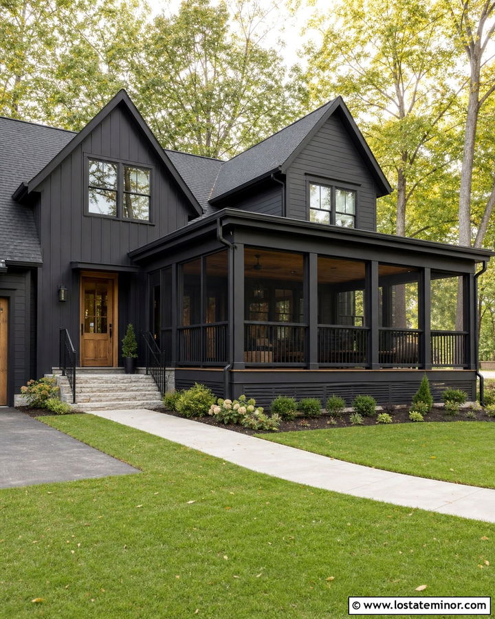 Black House With Screened Porch Columns - 30 Black House Design With Porch Columns Ideas