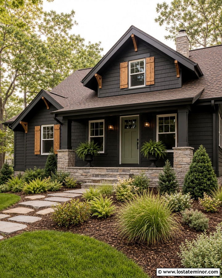 Black House With Shutters And Green Front Door - 30 Black House Design With Shutters Ideas