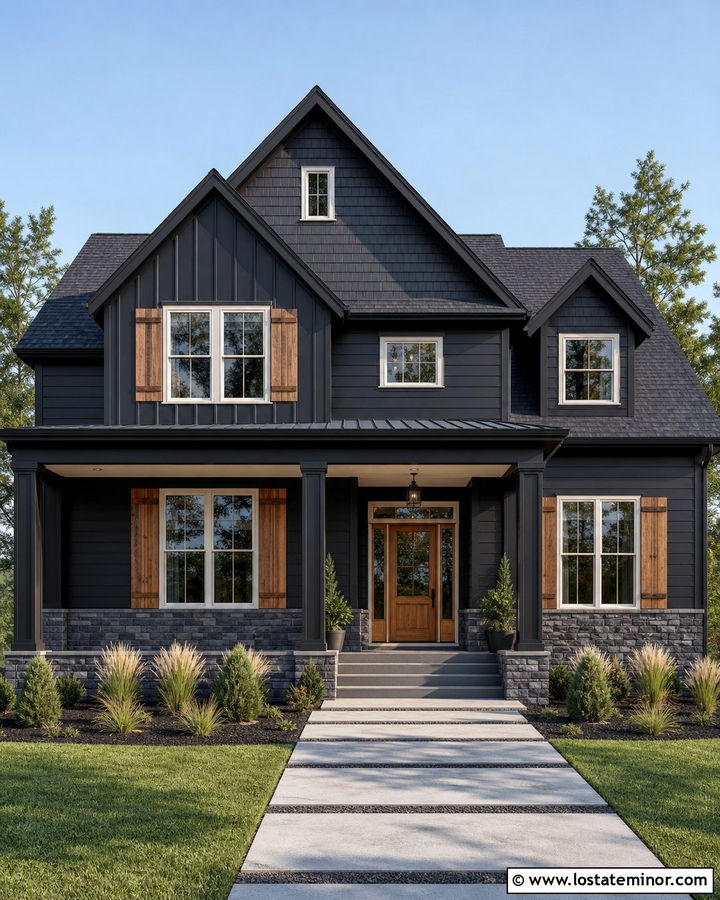 Black House With Shutters And Mixed Siding - 30 Black House Design With Shutters Ideas