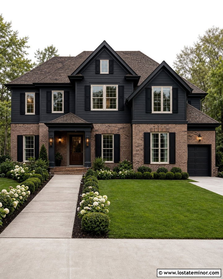 Black House With Shutters And Red Brick - 30 Black House Design With Shutters Ideas