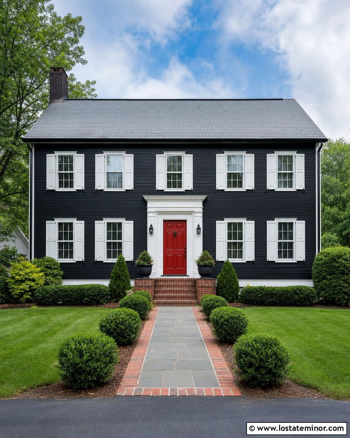 Black House With Shutters And Red Front Door - 30 Black House Design With Shutters Ideas