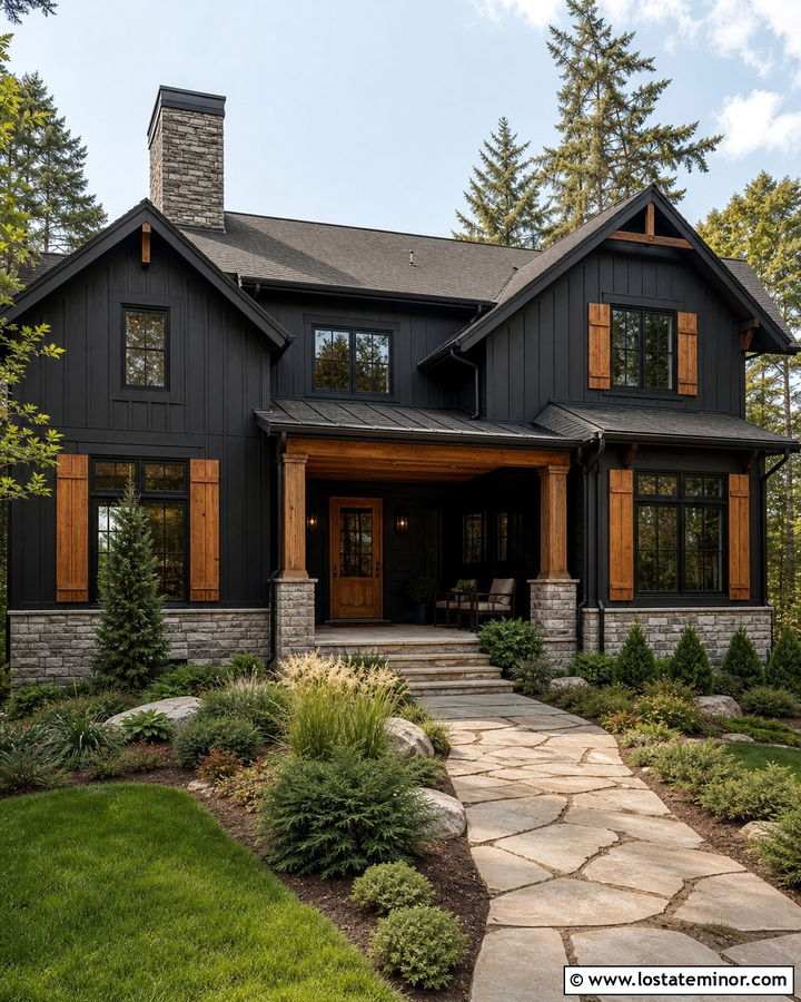 Black House With Shutters And Stone - 30 Black House Design With Shutters Ideas