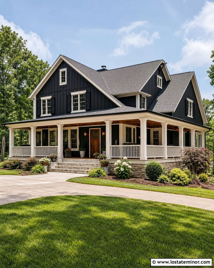 Black House With Shutters And Wraparound Porch - 30 Black House Design With Shutters Ideas