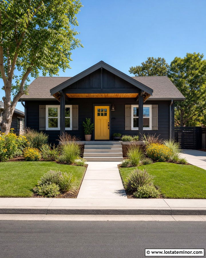 Black House With Shutters And Yellow Front Door - 30 Black House Design With Shutters Ideas