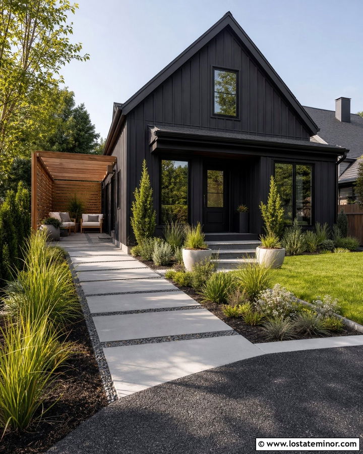 Black House With Side Yard Pergola - 30 Black House Design With Pergola Ideas