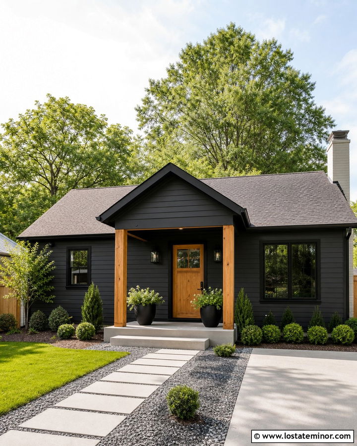 Black House With Simple Budget Portico - 30 Black House Design With Portico Ideas