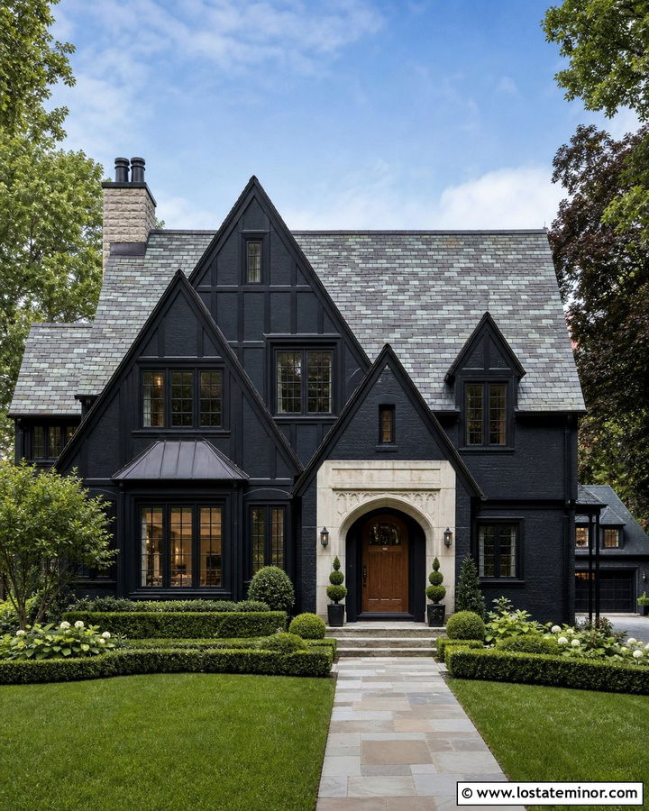 Black House With Slate Roof Accents - 30 Black House Design With Accents Ideas