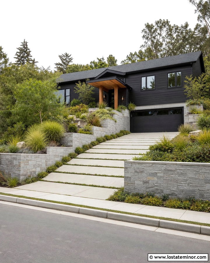 Black House With Sloped Driveway And Retaining Walls - 30 Black House Design With Driveway Ideas