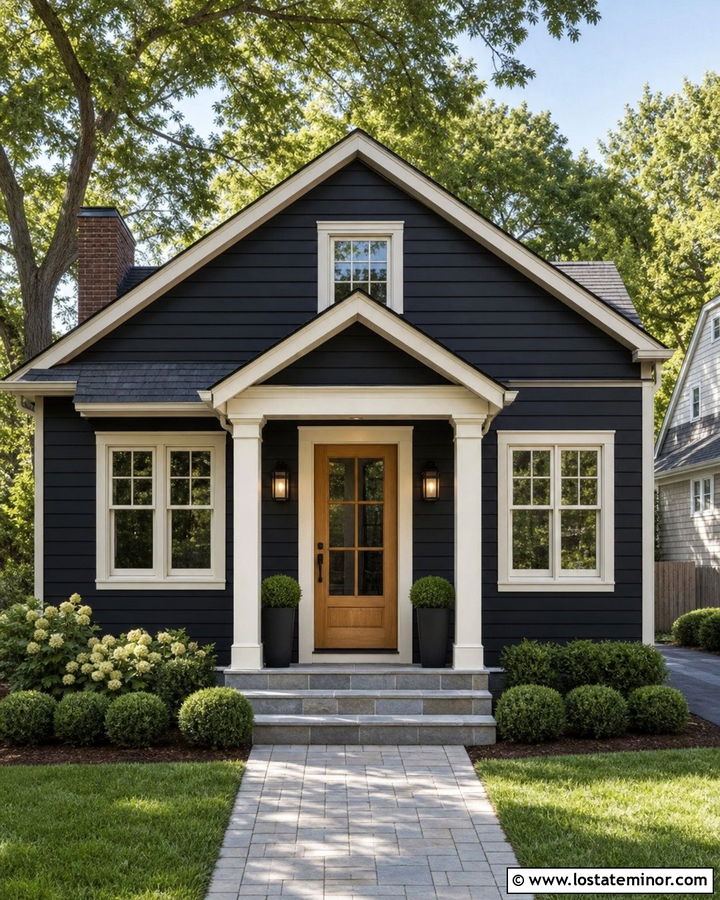 Black House With Small Portico Columns - 30 Black House Design With Porch Columns Ideas