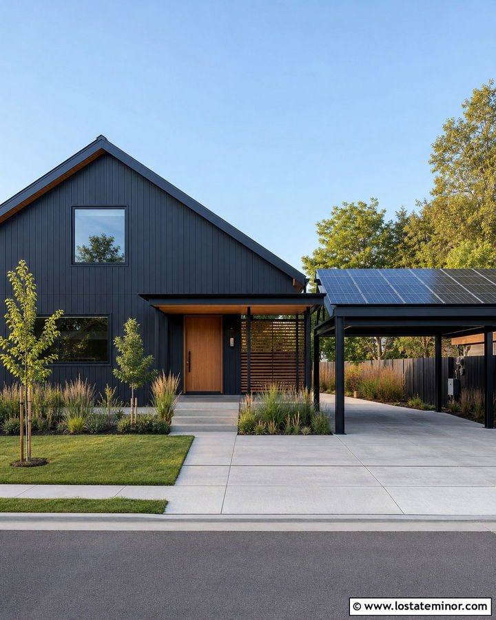 Black House With Solar Panel Carport - 30 Black House Design With Carport Ideas