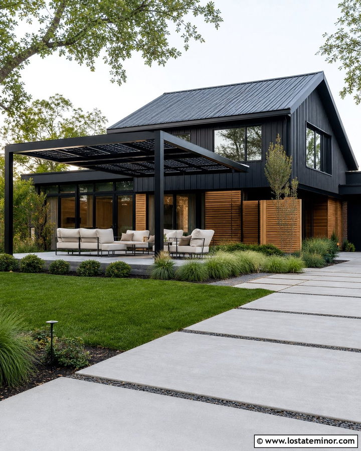 Black House With Solar Panel Pergola - 30 Black House Design With Pergola Ideas