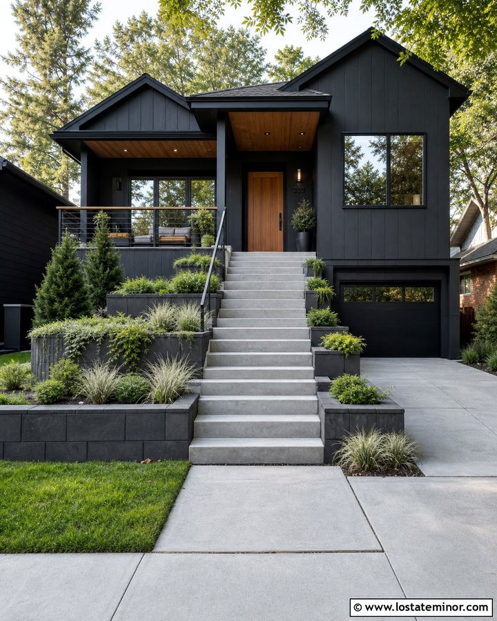 Black House With Stepped Entry Planters - 30 Black House Design With Steps Ideas