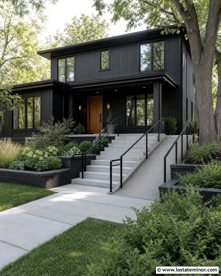 Black House With Steps And Entry Ramp - 30 Black House Design With Steps Ideas