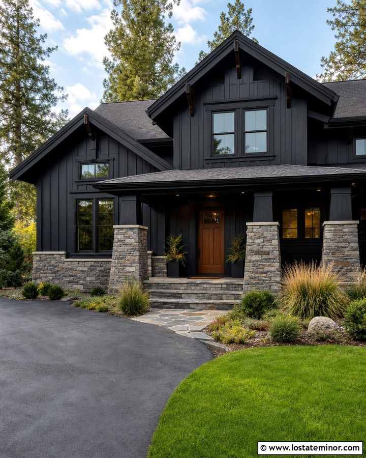 Black House With Stone Accents - 30 Black House Design With Accents Ideas