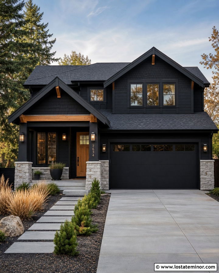 Black House With Stone And Black Garage Door - 30 Black House Design With Garage Door Ideas