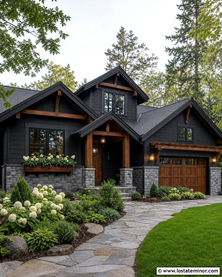 Black House With Stone And Wood Window Boxes - 30 Black House Design With Window Boxes Ideas