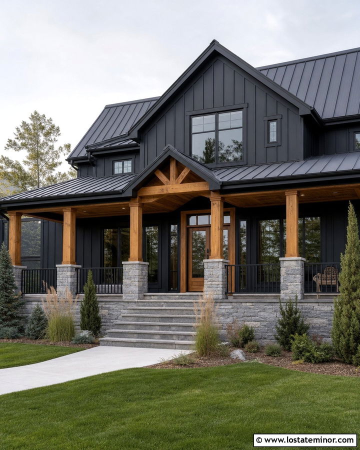 Black House With Stone Base Porch Columns - 30 Black House Design With Porch Columns Ideas