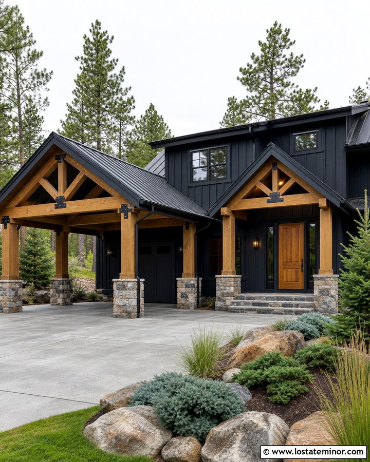 Black House With Stone Carport Columns - 30 Black House Design With Carport Ideas